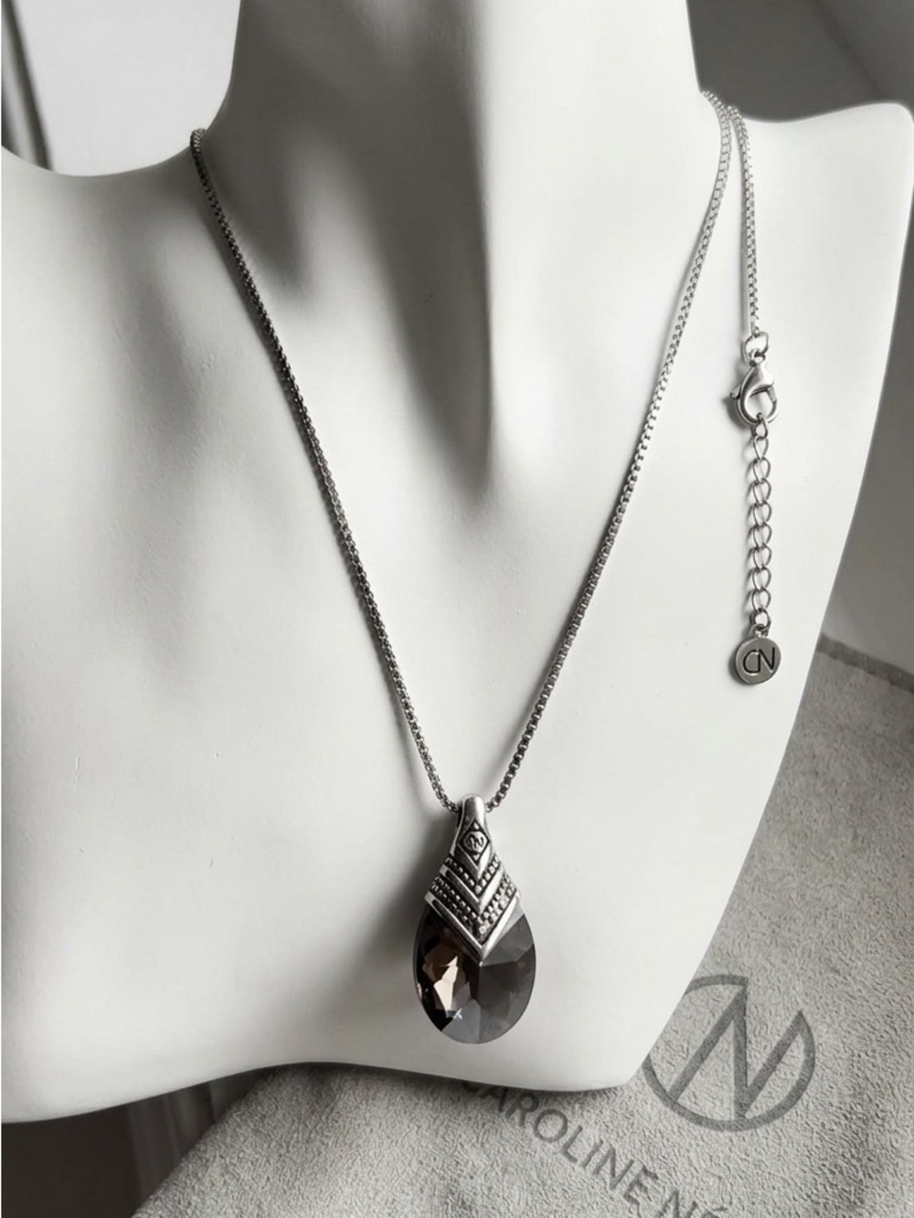 Caroline Néron Smoky Grey Faceted Crystal Teardrop Pendant Necklace & Pouch, 14”